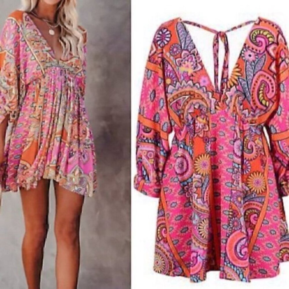 Floral Print Lace Up V-neck Dress, Boho Short Sleeve Waist Backless Summer L - Picture 6 of 6